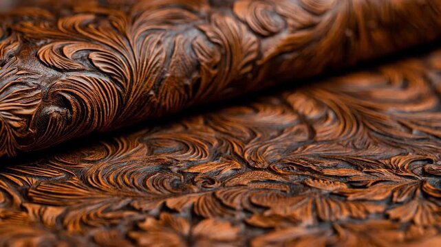 Detailed medium view of natureinspired incised patterns on leather highlighting delicate leaf motifs and organic swirling forms in warm tones.