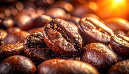Obraz premium Macro shot of roasted coffee beans, highlighting texture and warmth