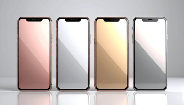 Four smartphones in different metallic shades. Shiny displays against white backdrop