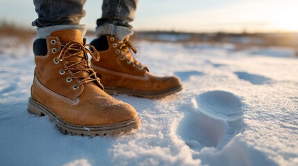 Close-up of sturdy brown boots standing in snow, capturing the essence of winter adventures and outdoor exploration.
