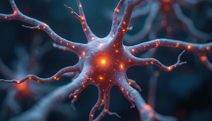 Close up view of active neuron cell with bright glowing synapses on dark background. Nerve cells fire electrical impulses, creating connections. Brain activity concept shows microscopic