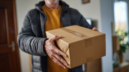 A middle-aged Caucasian man in a cozy jacket holds a cardboard box, ready to deliver it with a smile.