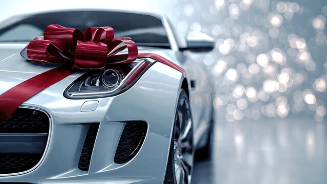 Luxury car with red gift bow outdoors, holiday celebration concept