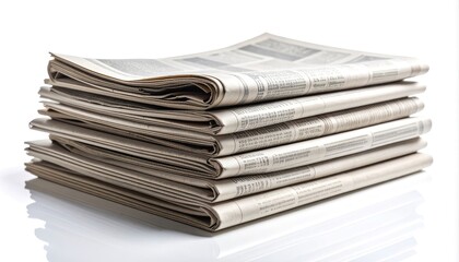 Stack of newspapers, folded, plain text, white background, side view