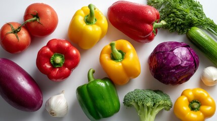 Colorful array of fresh vegetables including bell peppers, tomatoes, and broccoli arranged artfully.