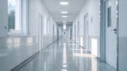 Fototapeta premium A bright and spacious hospital corridor with clean, modern design and ample natural light.