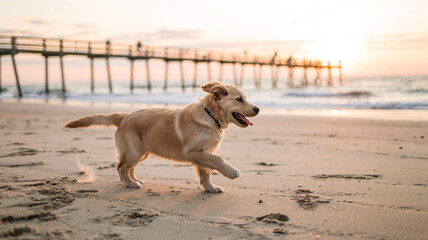 Puppy runs toward distant pier