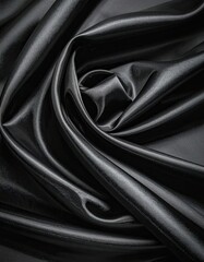 Fototapeta premium Swirling, glossy black fabric, close-up of elegant folds and textures