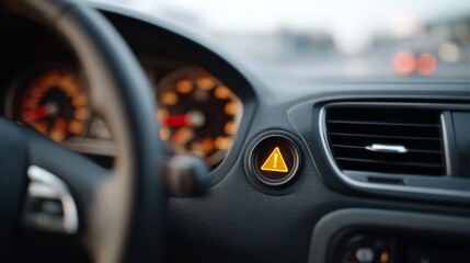 Close-up of a car dashboard with a warning light illuminated, capturing attention to vehicle safety.