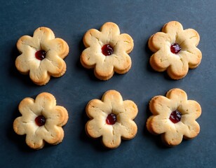Six flower shaped shortbread cookies with jam centers arranged on a dark blue surface. These homemade baked goods look delicious and are perfect for a treat.