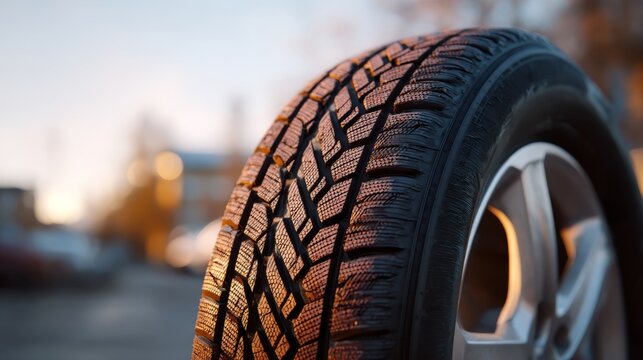 Close-up of a car tire showcasing its tread pattern, illuminated by soft evening light in a blurred urban setting.