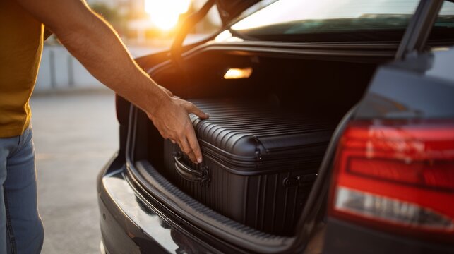 A man placing a sleek black suitcase into the trunk of a car during sunset, capturing the essence of travel and adventure. - Powered by Adobe