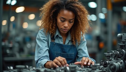 Black female factory worker focused on her work. Woman in blue apron works with machinery in manufacturing plant. Technician repairs mechanical equipment at workplace. Industrial job portrait.