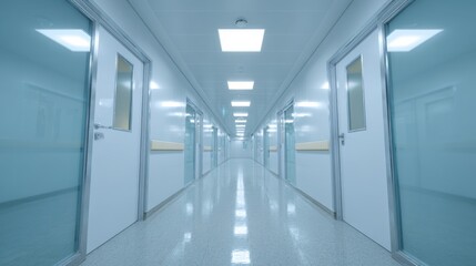 Obraz premium A spacious, modern hospital corridor with clean white walls and gleaming floors, conveying a sense of calm and professionalism.