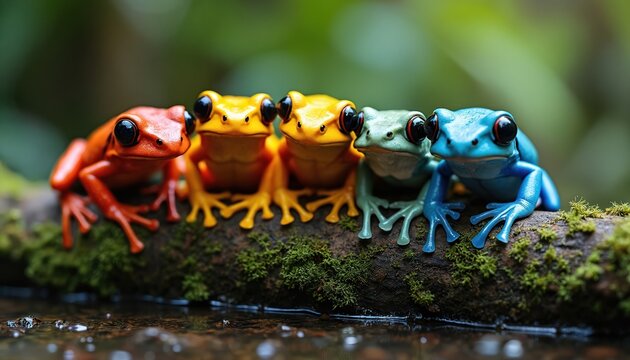 Five colorful frogs, red, yellow, green, and blue, sit together on a mossy log. These amphibians rest near water in a jungle environment. Their bright skin stands out against natural greens.
