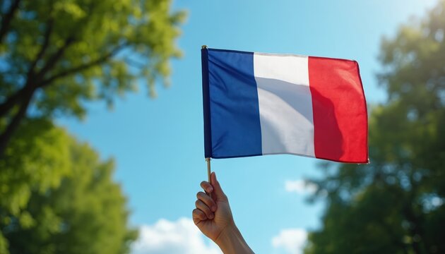Hand holds French flag against bright blue sky with green trees. Tricolor fabric waves gently in soft breeze. National symbol of France displayed outdoors on sunny day.