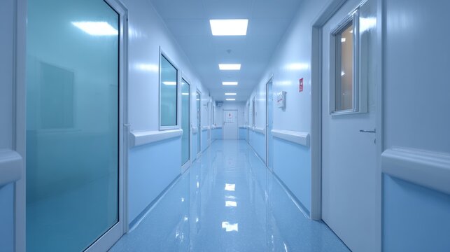 A serene hospital corridor showcasing modern design with blue accents and clear glass doors.