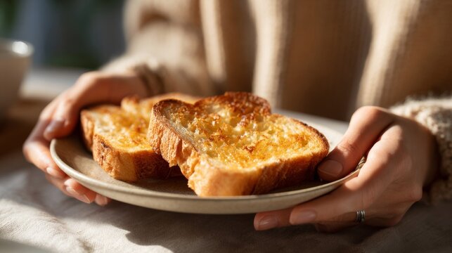 A woman holds a plate of golden-brown toast, exuding warmth and comfort, perfect for a cozy breakfast setting.
