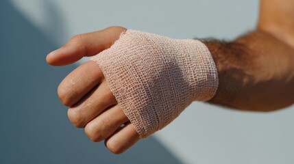 Close-up of a male hand, wrapped in a medical bandage, symbolizing injury and recovery.