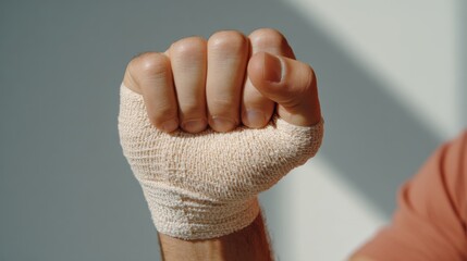 A close-up of a male hand with a bandaged fist, symbolizing resilience and strength in recovery.