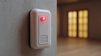A close-up of a white doorbell with a red indicator light, set against a blurred background of a warm, inviting interior.