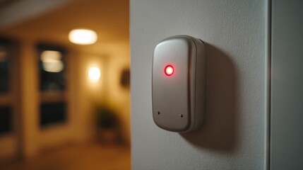 A sleek, modern doorbell with a glowing red indicator light, creating a calm ambiance in a contemporary hallway.