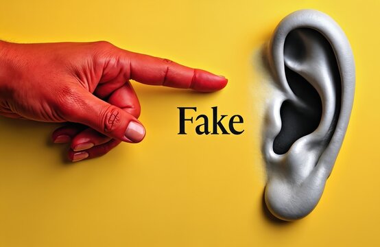 Red hand pointing to Fake near ear on yellow background. Concept of misinformation false news, propaganda. Minimalist art collage with bold colors, text. Visual communication, deception is main theme.