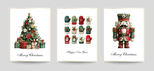 Merry Christmas and Happy New Year greeting cards templates. Watercolor vector winter elements -illustrations for posters, banners, backgrounds or greeting cards. Nutcracker, Christmas tree, mittens