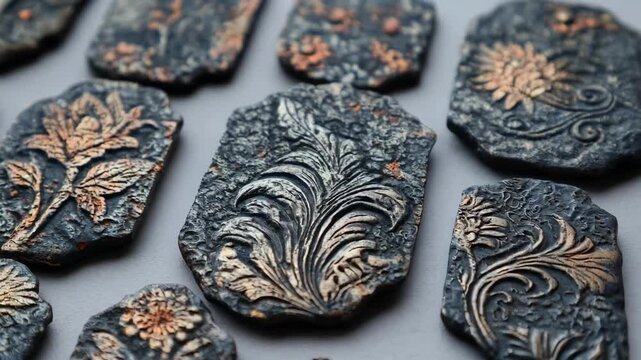 Closeup of raw tinplate jewelry components showcasing detailed stamped patterns highlighting the unrefined metallic texture and industrial craftsmanship.