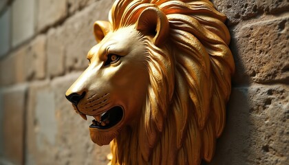 Golden lion head bas-relief adorns textured stone wall. Majestic animal sculpture offers regal detail for luxury interiors. Rich detail, ornate, powerful, kingly. High quality decorative accent.