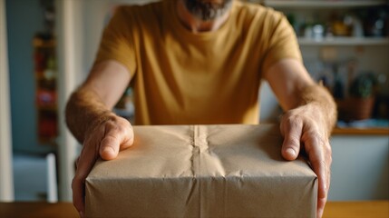 A man in a mustard t-shirt presents a neatly wrapped package with both hands, conveying anticipation and care.