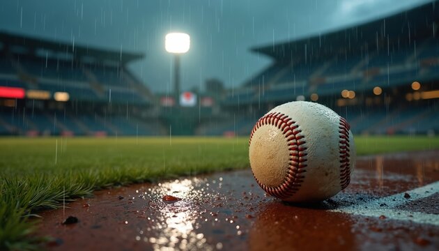 Wet baseball sits on rain soaked field at night under stadium lights. Heavy rain falls on grass and dirt diamond. Game postponed due to weather.