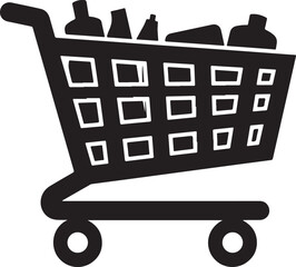 Dark gray shopping cart filled with groceries.