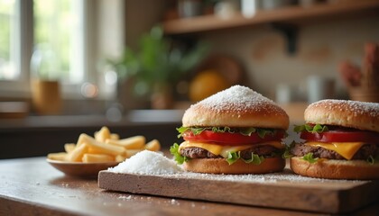 Two fast food burgers with fries sit on wooden counter. One burger bun big pile of white sugar, showing unhealthy diet choices. Image represents excess sweetness in processed foods, promotes bad