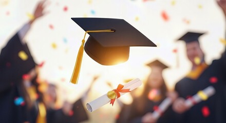 Elegant graduation cap and scroll with ribbon represent academic success. Happy university students rejoice as vibrant confetti descends under bright outdoor sky.