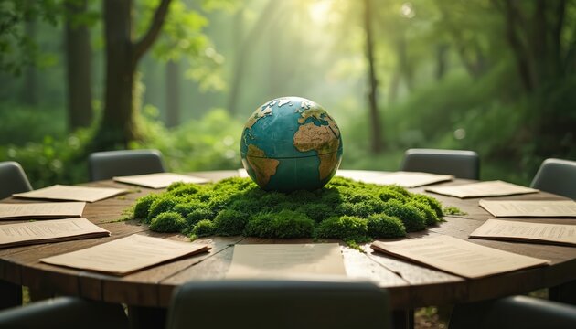 International conference table with earth globe. Green moss adorns center. Documents on table near chairs. Forest background. Concept for ecology, climate, eco policies, environment, sustainability