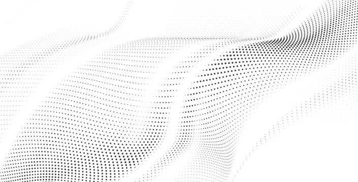 Smooth halftone wave with subtle dotted gradients forming elegant flowing monochrome curves, ideal for minimal clean designs, tech visuals, and modern digital layouts