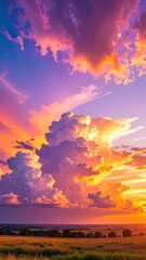 Fototapeta premium Fiery sunset over fields, clouds ablaze with vibrant hues