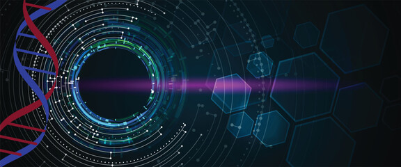 Futuristic plexus hexagons, DNA strands, connected neural technology background