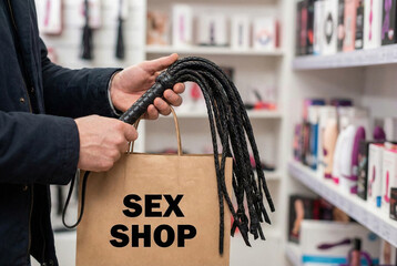 hands grasping whip, shopper inspecting leather whip among various adult merchandise displays