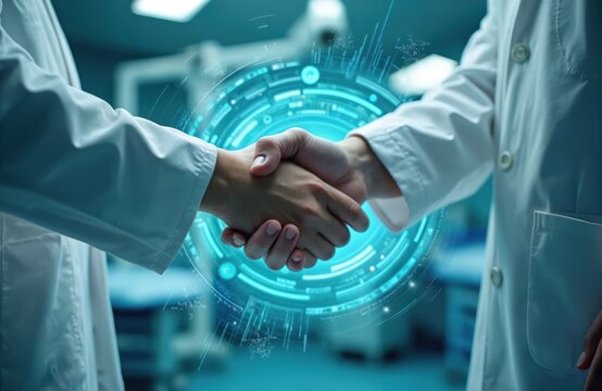 Two medical professionals shake hands in hospital setting. Digital health data overlays, tech advancements emphasize collaboration. Agreement future of healthcare innovation. Modern treatment
