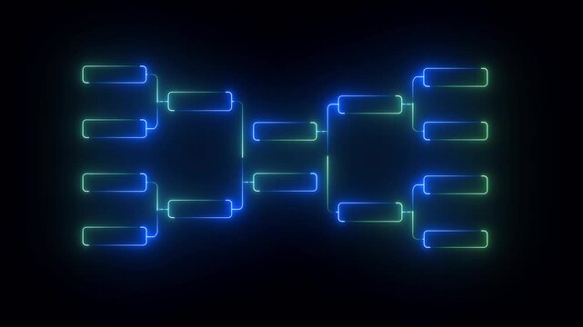 neon tournament tree structure animation isolated on dark background. Ideal for games, championships, playoffs, and battle tournaments.Fields for 8 players or teams, championship tournament bracket