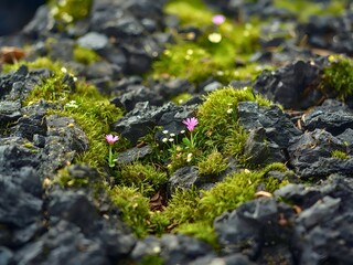 Tiny pink flower blooming amidst mossy rocks offering resilience and natural beauty close up view