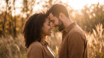 Fototapeta premium Happy multiethnic couple touching foreheads in autumn field. Romantic sunset creates warm mood. Perfect for love stories and dating concepts.