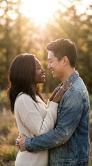 Obraz premium Multiethnic couple embraces in autumn park at sunset. Romantic moment with golden backlight. Ideal for love and relationship themes.