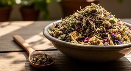 green tea in a wooden bowl