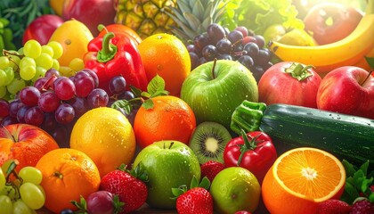 Colorful array of assorted fresh fruits and vegetables, a healthy composition