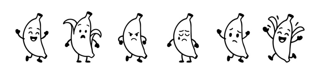Cartoon Bananas Displaying Different Emotions Running on a White Background