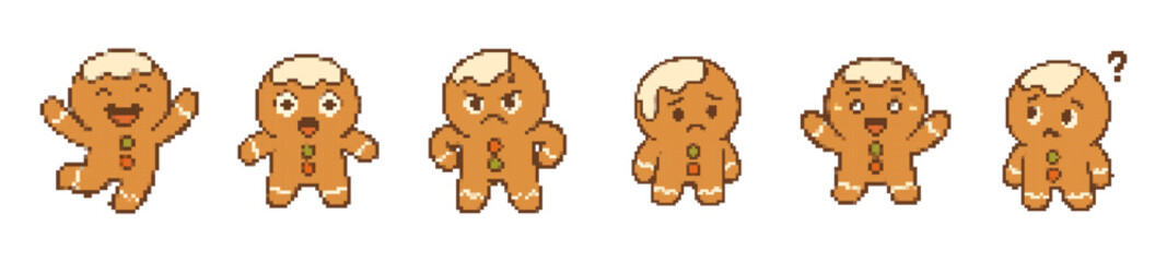 Fototapeta premium Pixelated Gingerbread Men Showing Different Emotional Expressions on White Background