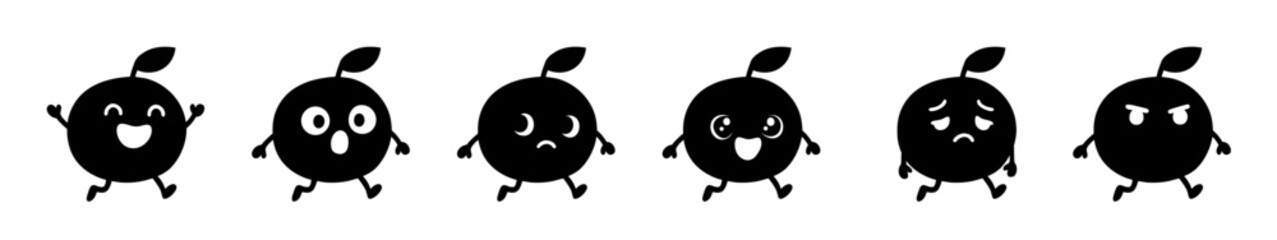 Cartoon Fruit Character Emoticons Running with Different Facial Expressions in Monochrome